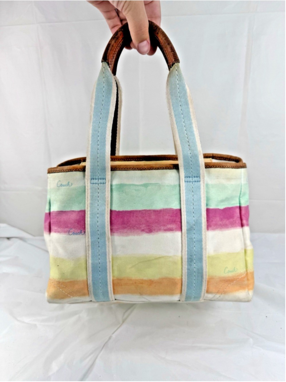 Vintage Coach Hamptons Y2K Watercolor Pastel Stripes Tote - Picture 3 of 16